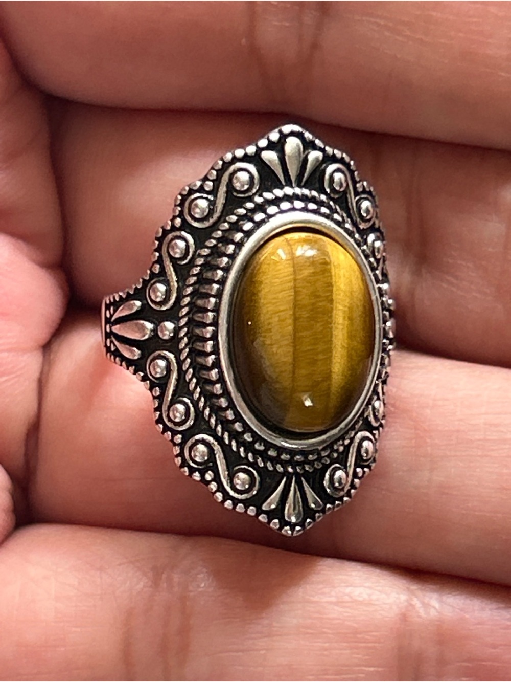 S925 Silver Tiger's Eye Oval Ring - Yellow Brown Crystal Gem Stone Jewelry